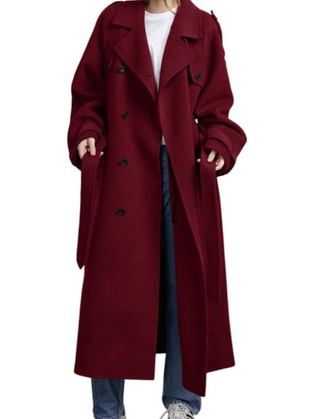 Women's Red Notch Collar Long Sleeve Winter Double Breasted Wool Trench Coat